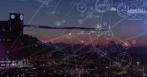 digital data network over cityscape at dusk - Download Free Stock Images Pikwizard.com