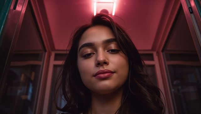 Confident woman looking down in neon-lit glass elevator with magenta glow
