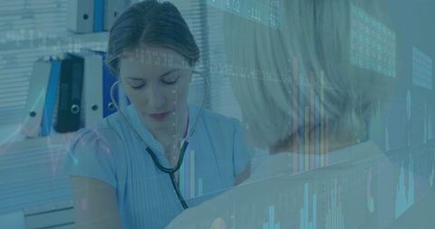 Healthcare Professional Analyzing Data with Stethoscope and Digital Graphs