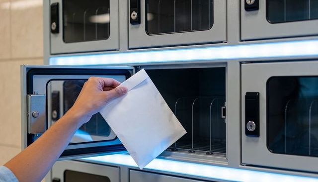 Hand placing white sealed envelope into secure parcel locker with blue led lighting