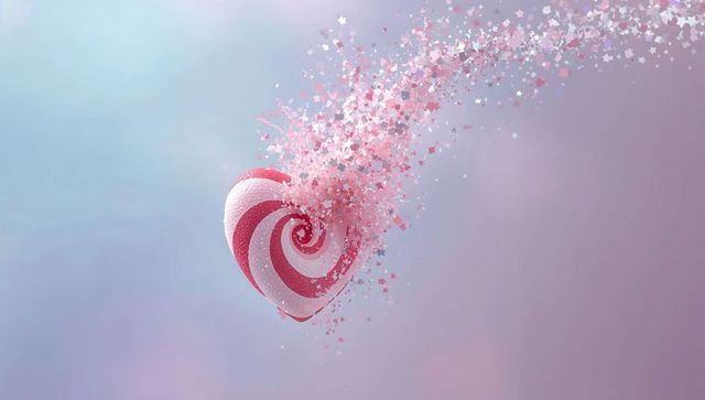 Floating heart candy emitting pink confetti and star particles over pastel swirl gradient