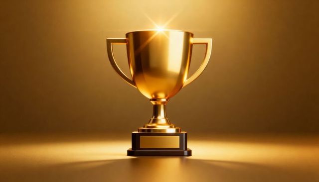 Shining gold winner trophy on tiered base with blank plaque and starburst highlight studio