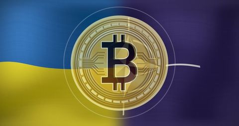 Bitcoin Overlap Ukraine and NATO Flags Symbolizing Finance and Politics