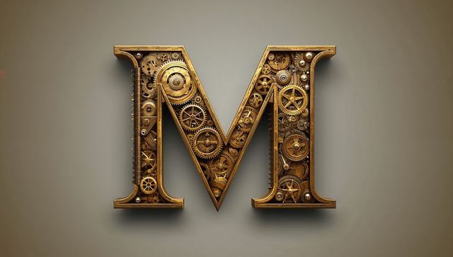Steampunk brass letter m with gears and cogs on gradient backdrop