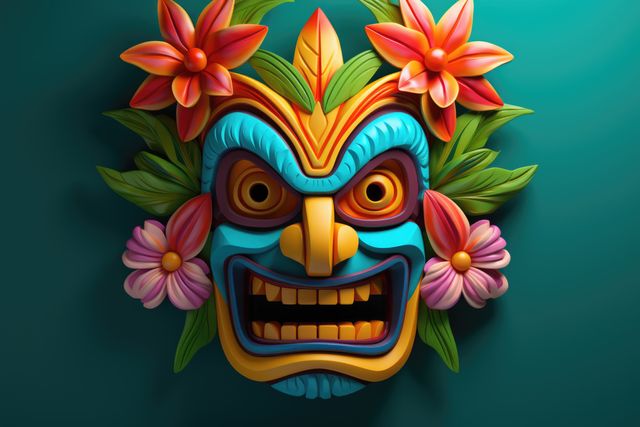Colourful tiki mask with flowers on green background, created using generative ai technology. Culture, tradition, decoration, pattern and colour concept digitally generated image.