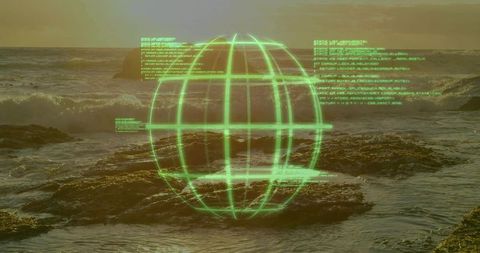 Holographic Globe Floating Over Rocky Coastline with Neon Green Code Overlay, Golden Hour