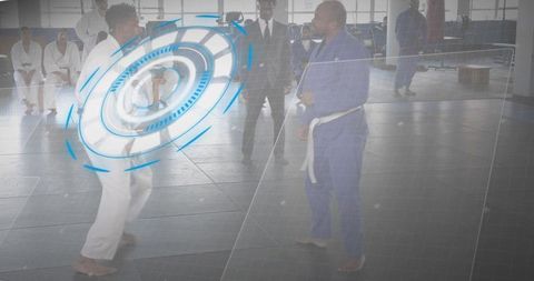 Augmented reality martial arts sparring in gi with white belts, dojo training and analysis