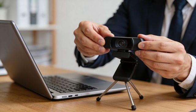 Businessman adjusting webcam on tripod beside laptop for video conferencing