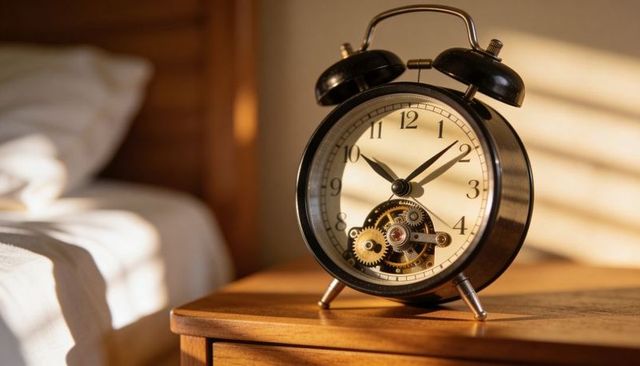 Vintage twin-bell alarm clock catching warm striped light on nightstand with exposed gears