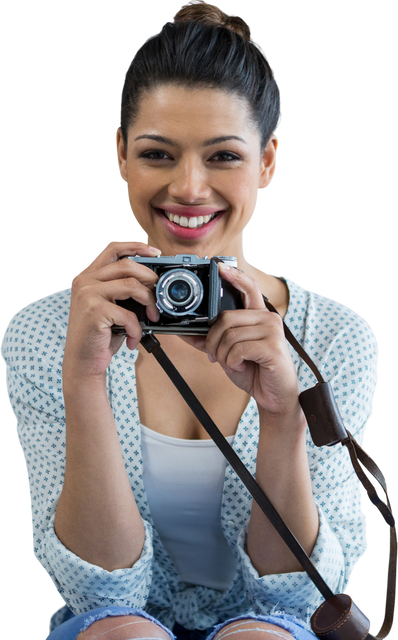 Transparent Portrait of Happy Young Woman Holding Vintage Camera - Download Free Stock Videos Pikwizard.com