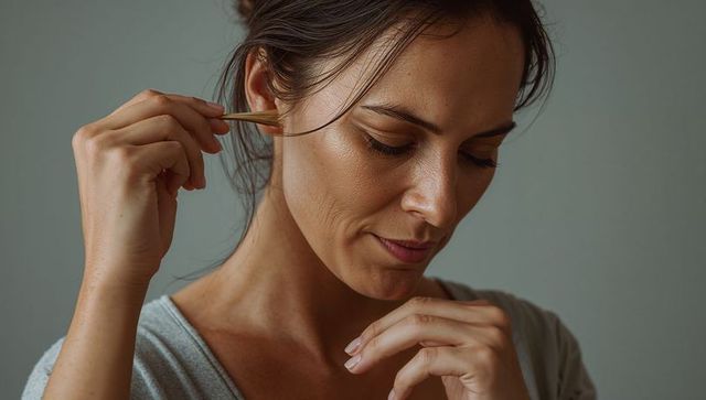 Closeup portrait of woman performing gentle ear care with wooden ear pick on neutral background