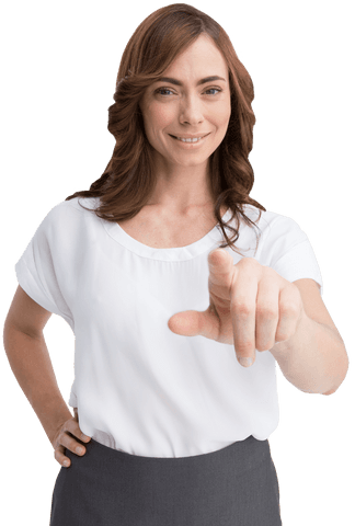 Smiling Caucasian Woman Pointing on Transparent Background