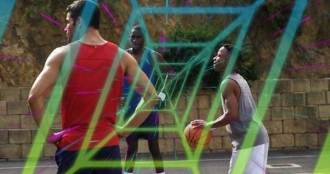 Outdoor Basketball Game with Neon Effects and Stone Wall Backdrop