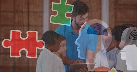 Teacher Engaging Schoolchildren with Puzzle Overlay for Autism Awareness