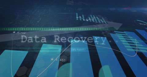Data recovery dashboard with neon bar and line charts showing analytics and encryption