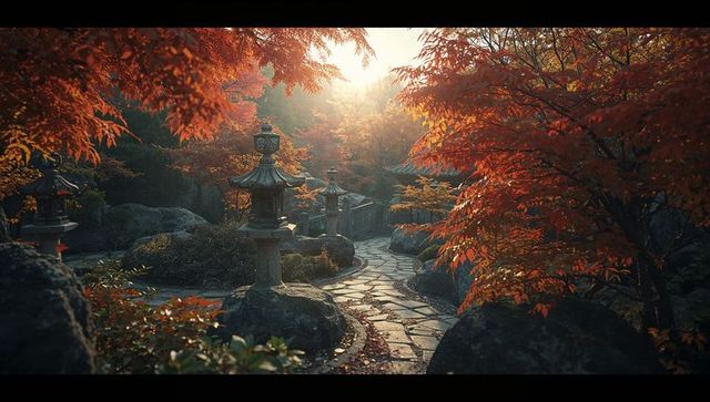 Peaceful japanese garden path with glowing stone lantern