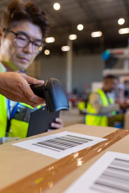 Close-up of an Asian male warehouse worker scanning a barcode on a cardboard box with a handheld reader. Ideal for use in articles or advertisements related to logistics, shipping, inventory management, supply chain operations, and warehouse technology.