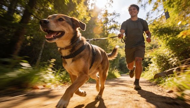 Sunlit dog running and man jogging on forest trail for outdoor fitness, fun, and adventure
