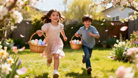 Joyful siblings running with easter baskets in sunny spring garden with pastel eggs