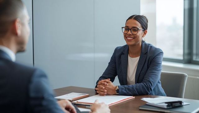 Smiling professional woman wearing glasses and blue blazer during job interview in office