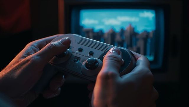 Hands Holding Vintage Controller in Retro Gaming Atmosphere