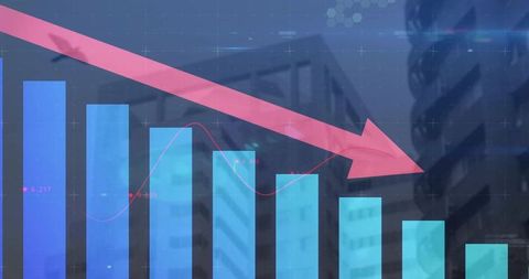 Large pink downward arrow signaling market drop over urban financial bar chart