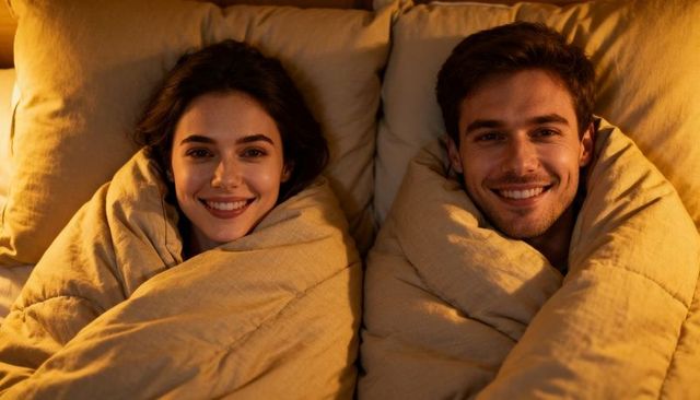 Young couple smiling under warm beige duvet, cozy intimate night at home with ambient amber lighting