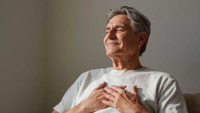Senior man basking in sunlight on couch with hands over heart, peaceful self-care moment
