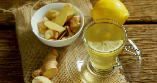 Cup of ginger lemon tea on rustic wooden table with fresh ginger slices in bowl and whole lemon. Perfect for illustrating healthy lifestyle, natural wellness, and homemade remedies. Useful for blogs, articles, and advertisements about herbal drinks, organic teas, and natural health boosts.