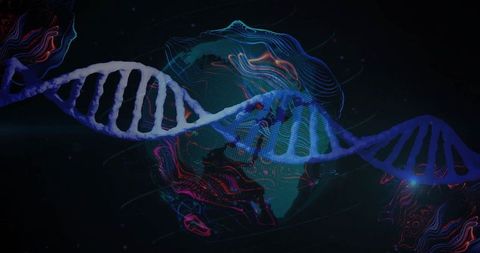 Glowing DNA Helix with Globe and Digital Data Visualization
