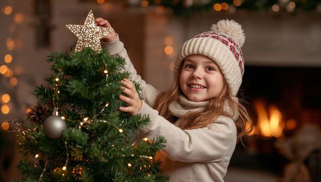 Smiling child placing star on christmas tree in cozy home setting