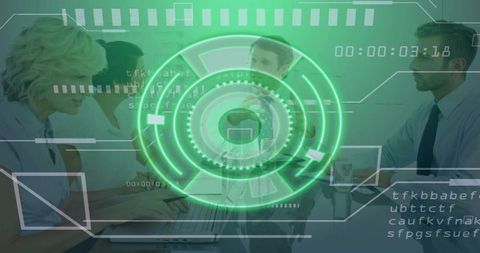 Business team collaborating around laptop with futuristic hud interface overlay for strategy