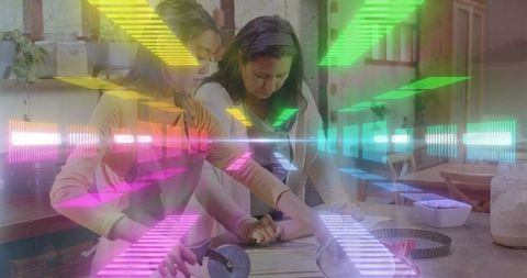 Two women rolling dough in rustic kitchen with neon graphic overlay, baking mentorship