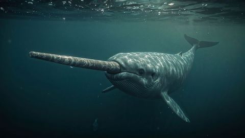 Graceful Narwhal with Long Tusk in Teal Waters