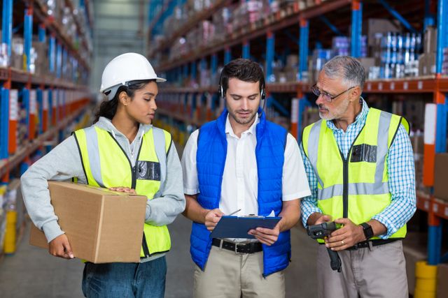 Warehouse workers are seen collaborating in a distribution center. They are wearing safety vests, and one worker is holding a box while another is holding a clipboard. The third worker is holding a barcode scanner. This image can be used for illustrating teamwork, logistics, inventory management, and warehouse operations in industrial and supply chain contexts.