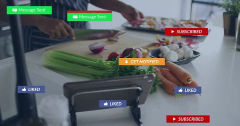 Black woman livestream cooking slicing carrots with tablet and social alerts