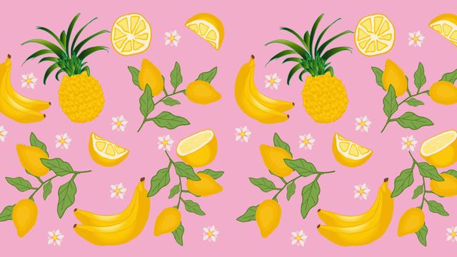 Tropical fruit pattern featuring pineapples, lemons, and bananas on a pink background. Perfect for summer-themed designs, stationery, party invitations, website backgrounds, and textiles. Vibrant and playful design adds a fresh, healthy touch to any project.