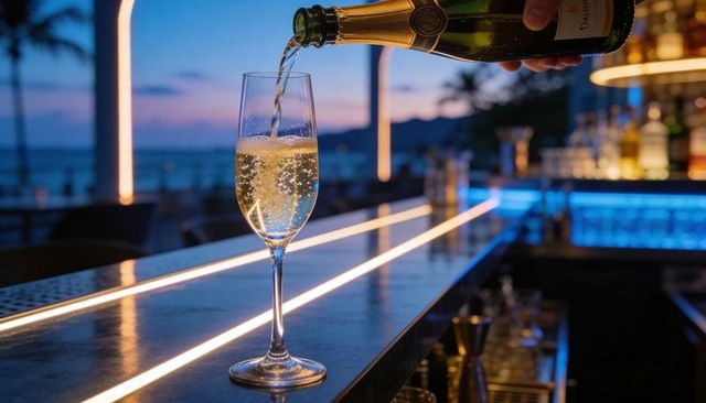 Pouring champagne into flute on led-lit beach bar counter at dusk, seaside sunset ambience