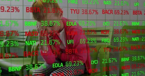 Stressed Young Girl in Hospital with Digital Financial Data Overlay