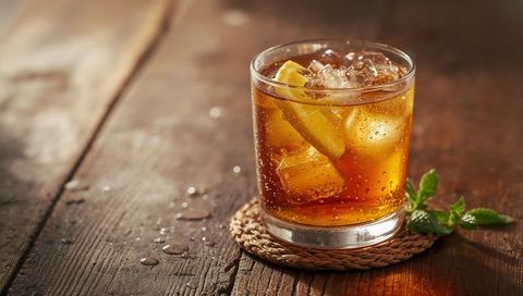 Refreshing iced lemon cola in short glass on rustic wooden table with mint