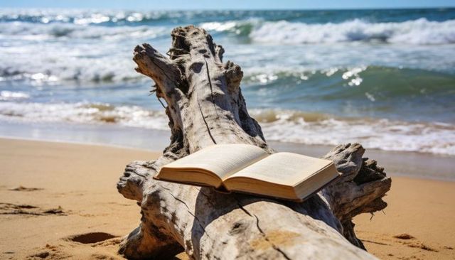 Open paperback resting on bleached driftwood at sunlit sandy beach with rolling waves