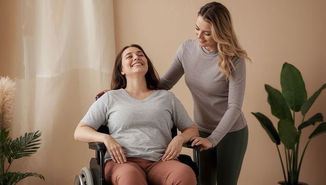 Smiling caregiver assisting woman in wheelchair at home, mobility and companionship
