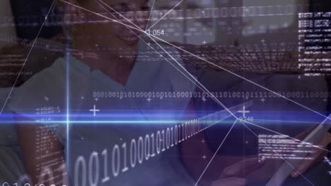 Woman Engaging with Digital Technology Interface and Binary Code