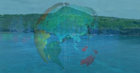 3D Digital Globe with Continent Grid Overlay on Coastal Scene