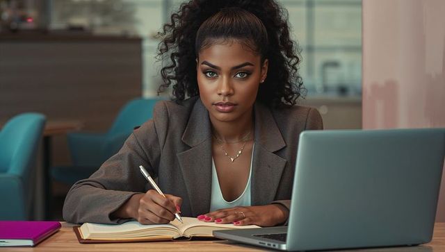 Focused woman taking notes at office desk