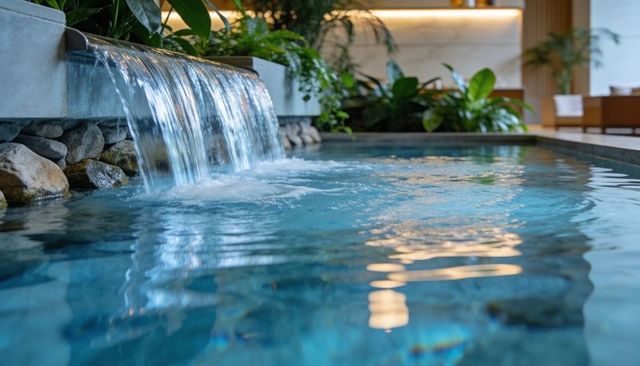 Indoor spa water feature with cascading waterfall and reflecting pool surrounded by greenery