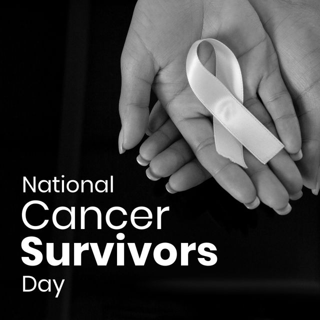 Black and white image showing a woman's hands holding a ribbon, symbolizing cancer awareness on National Cancer Survivors Day. Perfect for use in campaigns, articles, and social media posts highlighting cancer support, resilience, and celebratory events related to cancer survivorship.