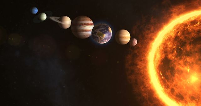 Depiction of the solar system with planets aligned in a row next to a glowing sun. Ideal for educational materials, astronomy presentations, space and universe studies, and science-focused visuals.