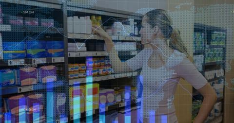 Shopper grabbing product from shelf with retail analytics overlay