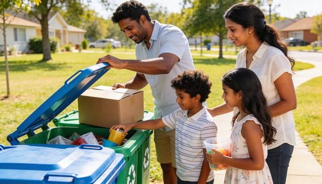 South asian family sorting recycling at suburban curbside bins, teaching kids eco habits